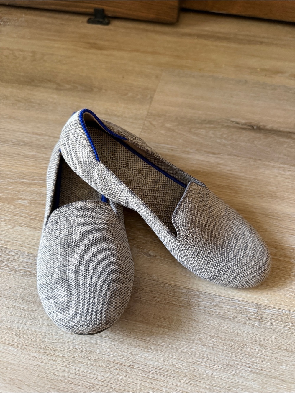 Rothy's Kids Knit Slip-On Loafers in Taupe/Gray with Blue Trim